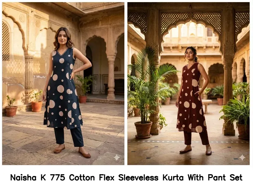 Naisha K 775 Cotton Flex Sleeveless Kurta With Pant Set — Wholesale Cotton Kurti Pant Set, Naisha wholesale from Surat — view 3