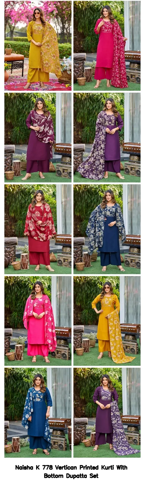 Naisha K 778 Vertican Printed Kurti With Bottom Dupatta Set — Wholesale Kurti With Bottom Dupatta, Naisha wholesale from Surat - Gallery Image 5