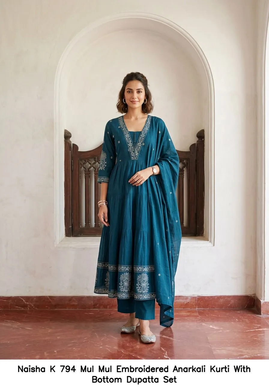 Naisha K 794 Mul Mul Embroidered Anarkali Kurti With Bottom Dupatta Set — Wholesale Anarkali Suits, Naisha wholesale from Surat — view 2