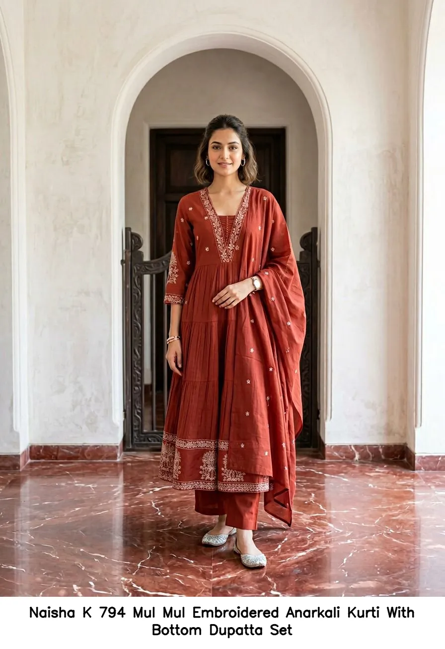 Naisha K 794 Mul Mul Embroidered Anarkali Kurti With Bottom Dupatta Set — Wholesale Anarkali Suits, Naisha wholesale from Surat — view 3