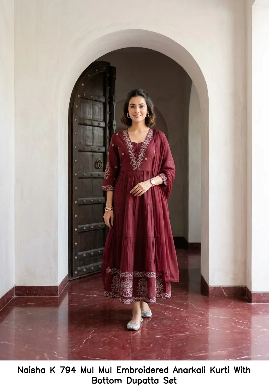 Naisha K 794 Mul Mul Embroidered Anarkali Kurti With Bottom Dupatta Set — Wholesale Anarkali Suits, Naisha wholesale from Surat — view 4