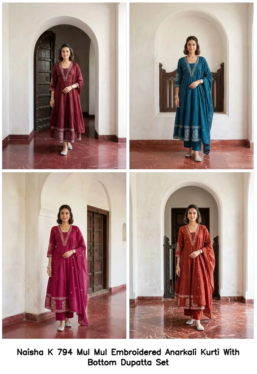 Naisha K 794 Mul Mul Embroidered Anarkali Kurti With Bottom Dupatta Set — Wholesale Anarkali Suits, Naisha wholesale from Surat — view 5
