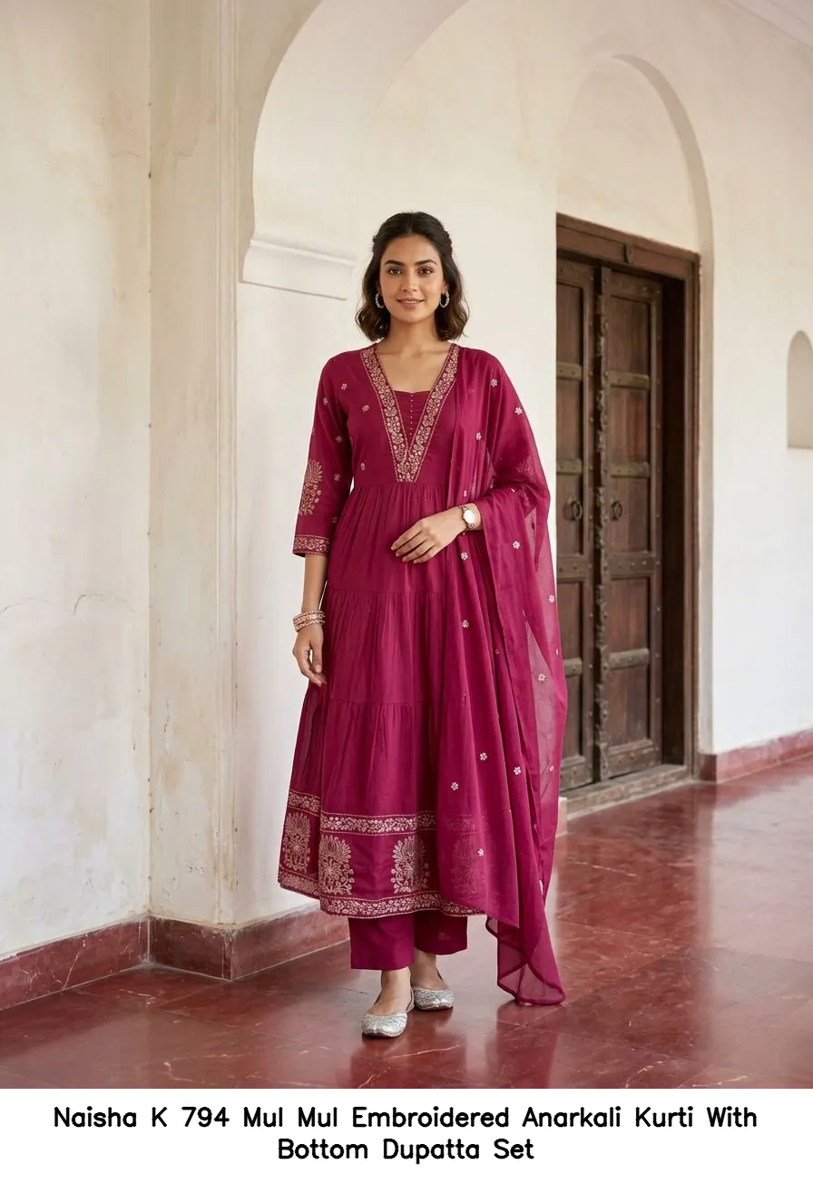 Naisha K 794 Mul Mul Embroidered Anarkali Kurti With Bottom Dupatta Set — Wholesale Anarkali Suits, Naisha wholesale from Surat — view 6