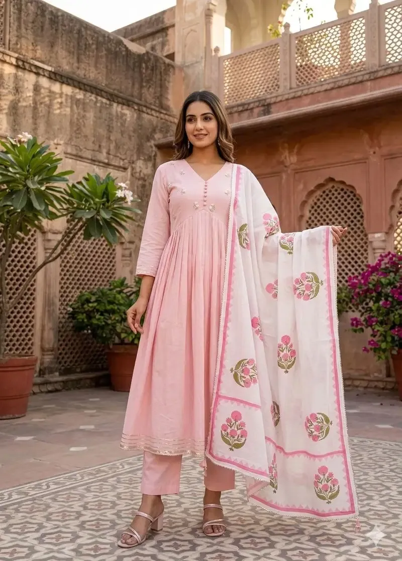 Naisha K 796 Mal Cotton With Handworked Anarkali Kurti With Bottom Dupatta Set — Wholesale Salwar Suits, Naisha wholesale from Surat — view 1