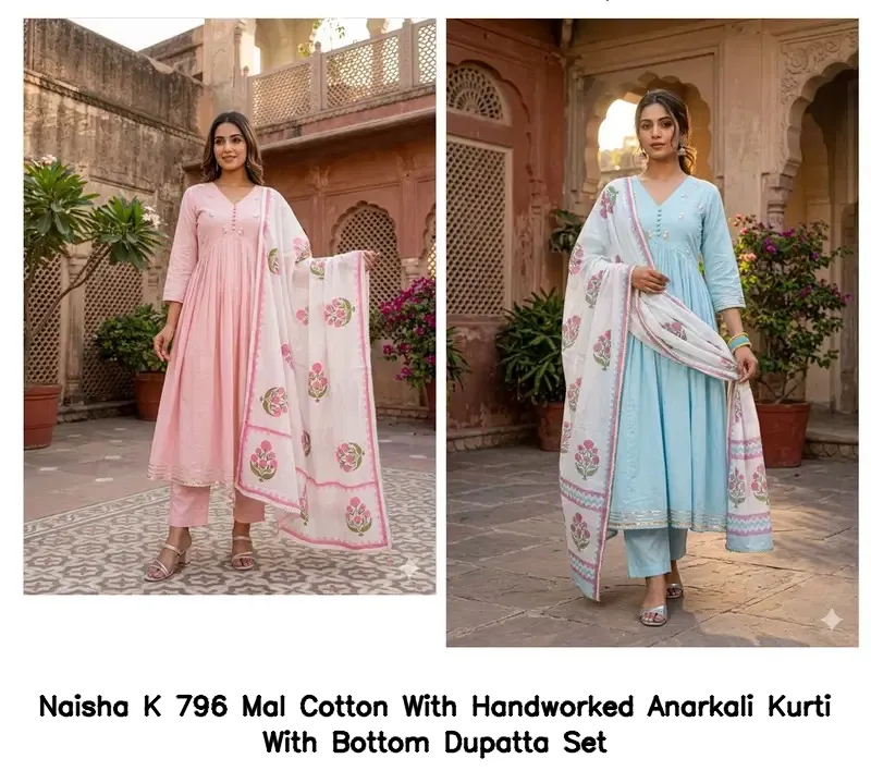 Naisha K 796 Mal Cotton With Handworked Anarkali Kurti With Bottom Dupatta Set — Wholesale Salwar Suits, Naisha wholesale from Surat - Gallery Image 2
