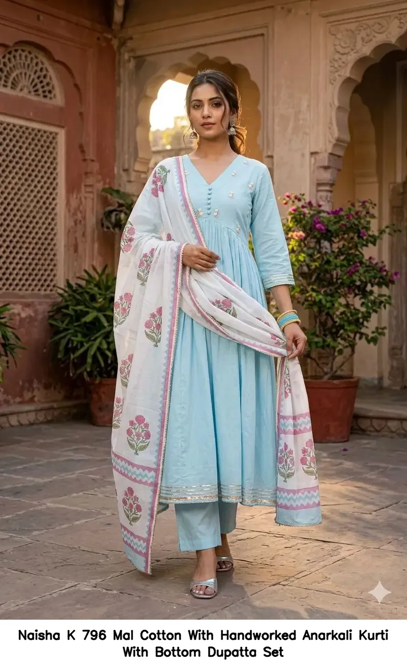 Naisha K 796 Mal Cotton With Handworked Anarkali Kurti With Bottom Dupatta Set — Wholesale Salwar Suits, Naisha wholesale from Surat — view 3