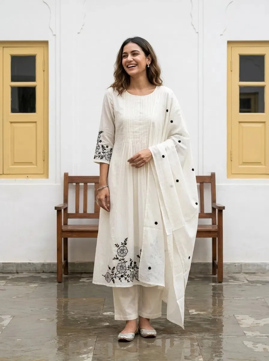 Naisha K 799 Mul Chanderi Embroidered Aline Kurti With Bottom Dupatta Set — Wholesale Salwar Suits, Naisha wholesale from Surat — view 1