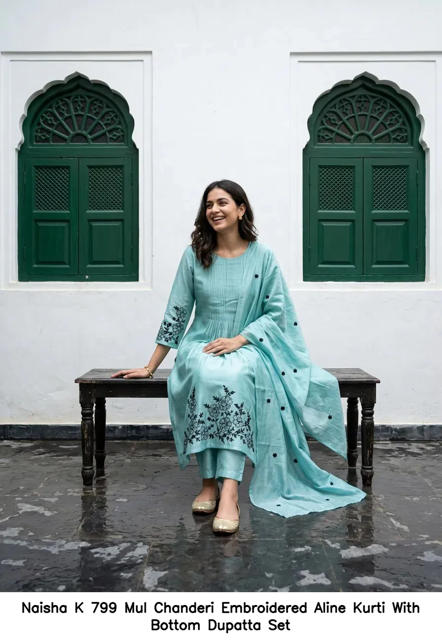 Naisha K 799 Mul Chanderi Embroidered Aline Kurti With Bottom Dupatta  Set — Wholesale Salwar Suits, Naisha wholesale from Surat — view 2