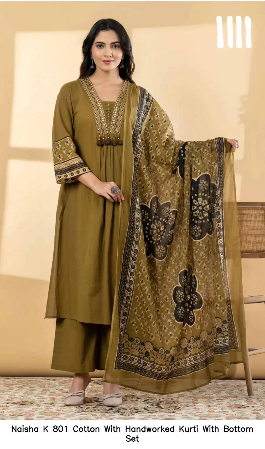 Naisha K 801 Cotton With Handworked Kurti With Bottom Set — Wholesale Cotton Kurti Pant Set, Naisha wholesale from Surat — view 2