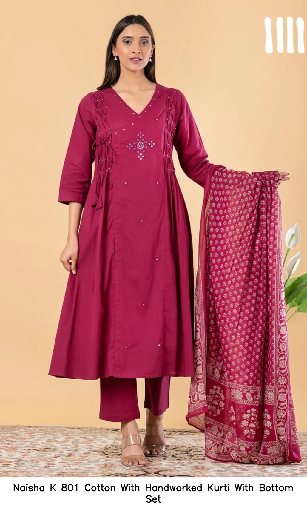 Naisha K 801 Cotton With Handworked Kurti With Bottom Set — Wholesale Cotton Kurti Pant Set, Naisha wholesale from Surat — view 3