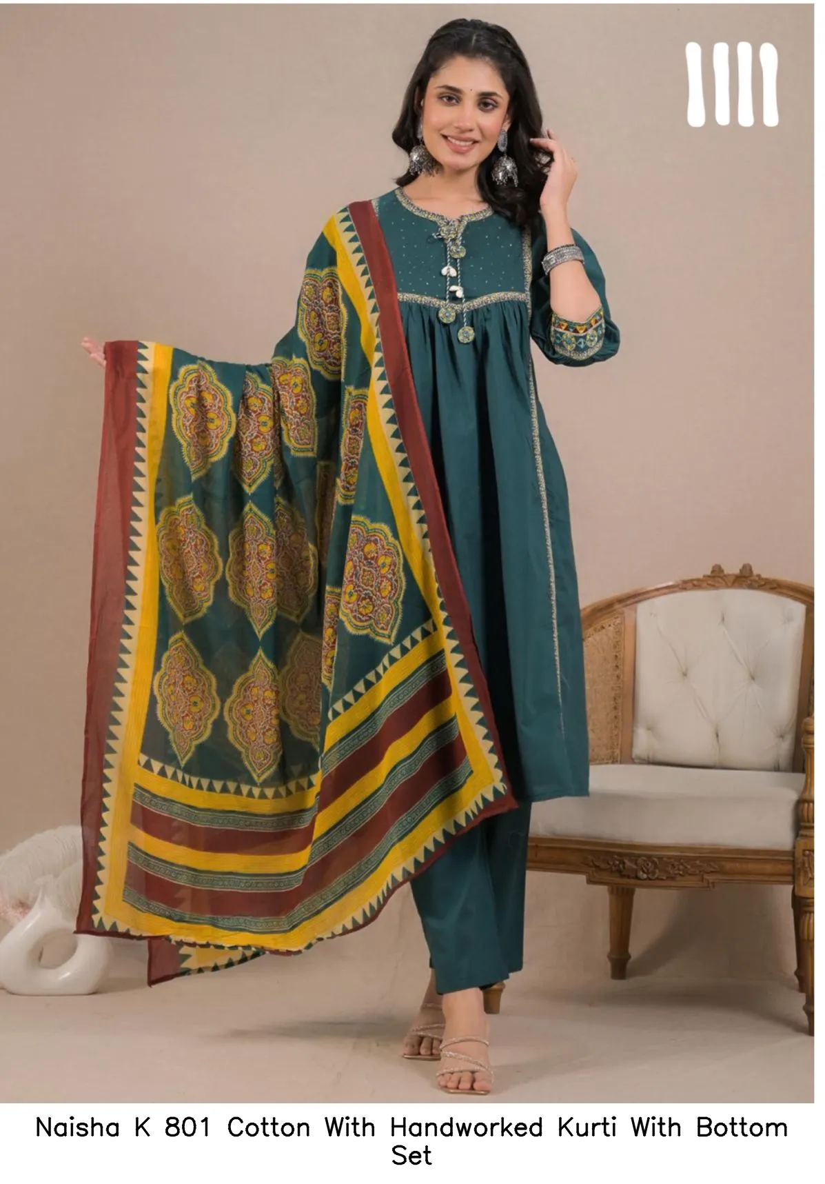 Naisha K 801 Cotton With Handworked Kurti With Bottom Set — Wholesale Cotton Kurti Pant Set, Naisha wholesale from Surat — view 4