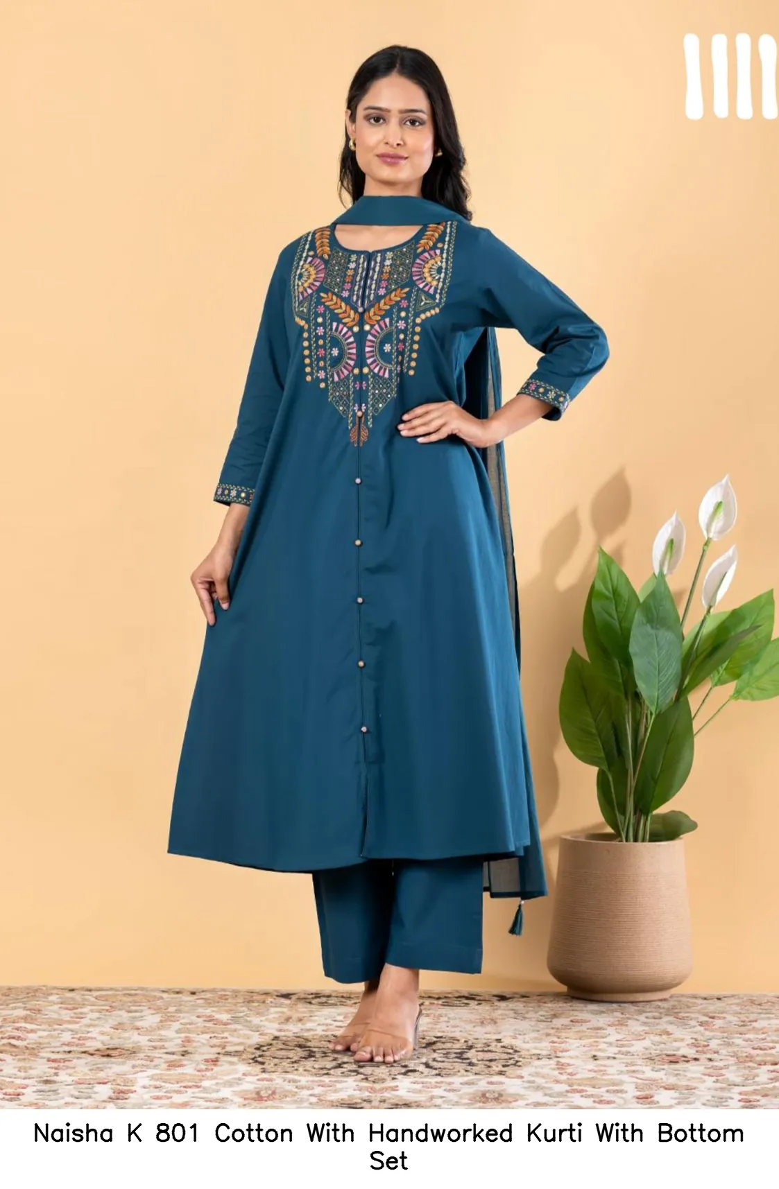 Naisha K 801 Cotton With Handworked Kurti With Bottom Set — Wholesale Cotton Kurti Pant Set, Naisha wholesale from Surat — view 5