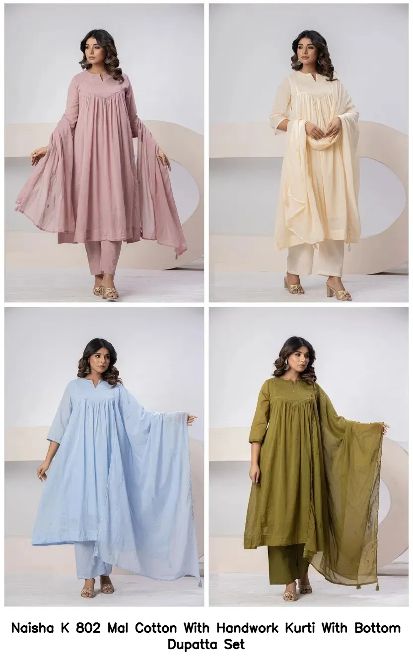 Naisha K 802 Mal Cotton With Handwork Kurti With Bottom Dupatta Set — Wholesale Cotton Kurti Pant Set, Naisha wholesale from Surat — view 2