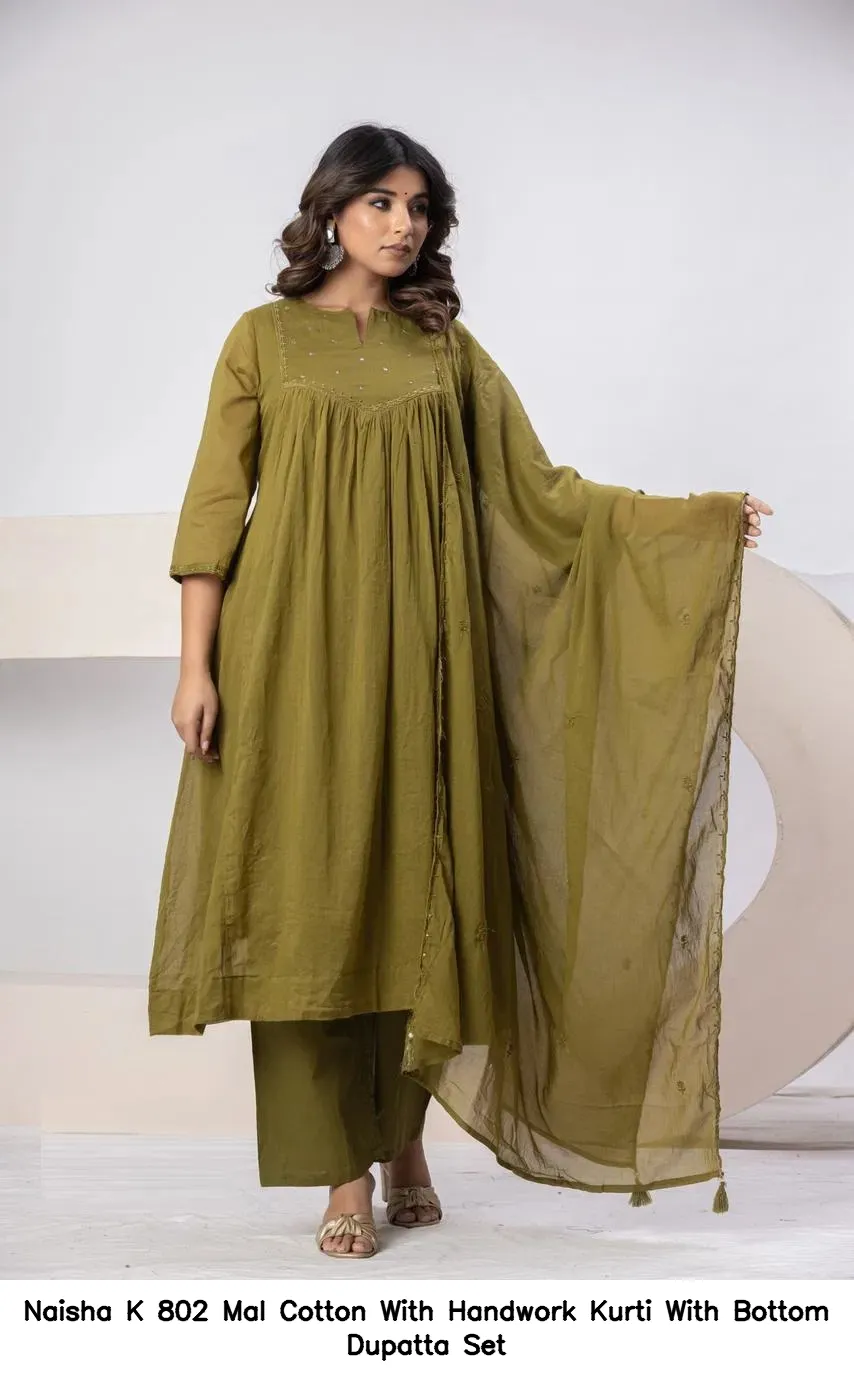 Naisha K 802 Mal Cotton With Handwork Kurti With Bottom Dupatta Set — Wholesale Cotton Kurti Pant Set, Naisha wholesale from Surat — view 3