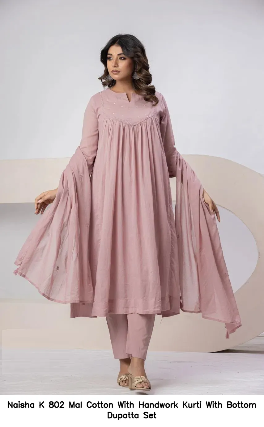 Naisha K 802 Mal Cotton With Handwork Kurti With Bottom Dupatta Set — Wholesale Cotton Kurti Pant Set, Naisha wholesale from Surat — view 4