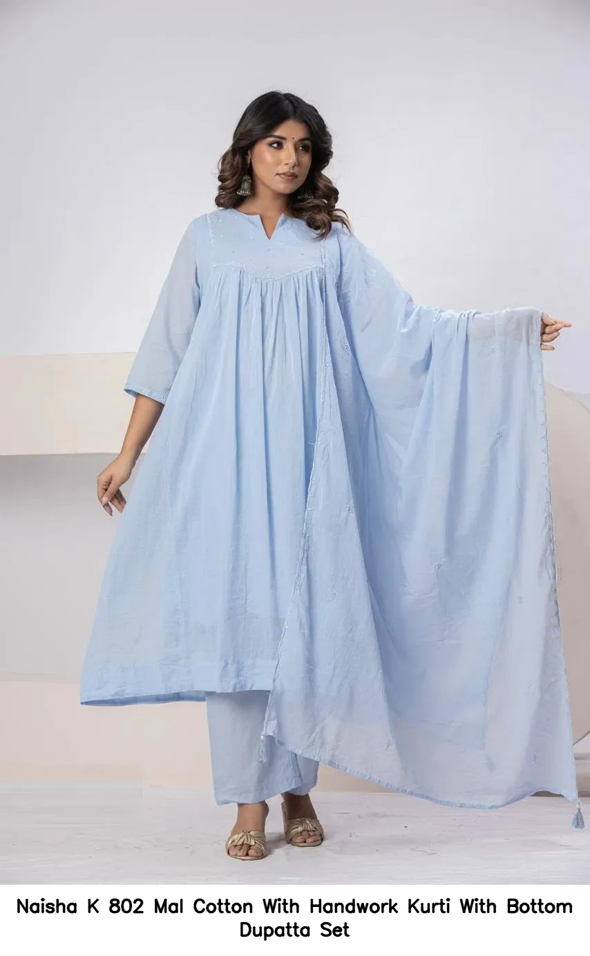 Naisha K 802 Mal Cotton With Handwork Kurti With Bottom Dupatta Set — Wholesale Cotton Kurti Pant Set, Naisha wholesale from Surat — view 5