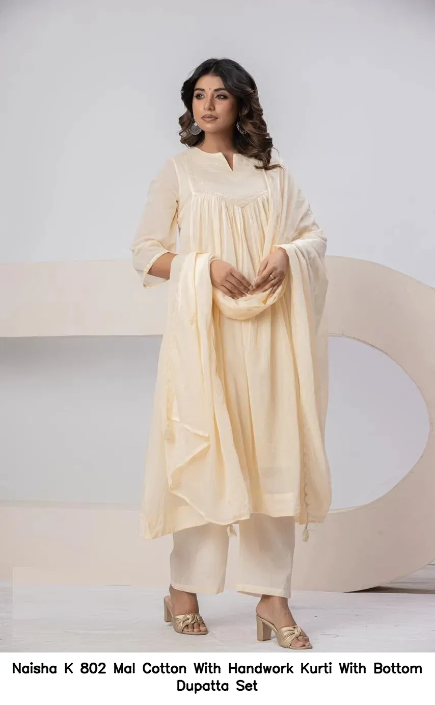 Naisha K 802 Mal Cotton With Handwork Kurti With Bottom Dupatta Set — Wholesale Cotton Kurti Pant Set, Naisha wholesale from Surat — view 6