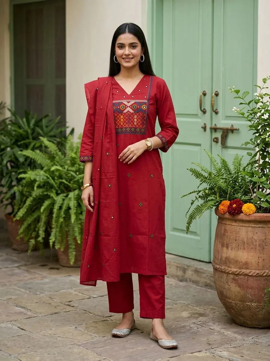 Naisha K 813 Cotton Embroidery Worked Kurti With Bottom Dupatta Set — Wholesale Cotton Kurti Pant Set, Naisha wholesale from Surat — view 1