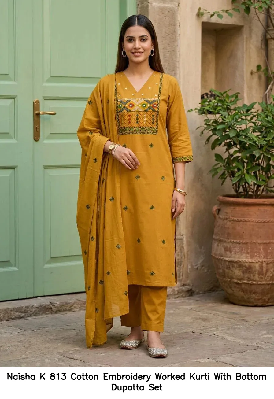 Naisha K 813 Cotton Embroidery Worked Kurti With Bottom Dupatta Set — Wholesale Cotton Kurti Pant Set, Naisha wholesale from Surat — view 2