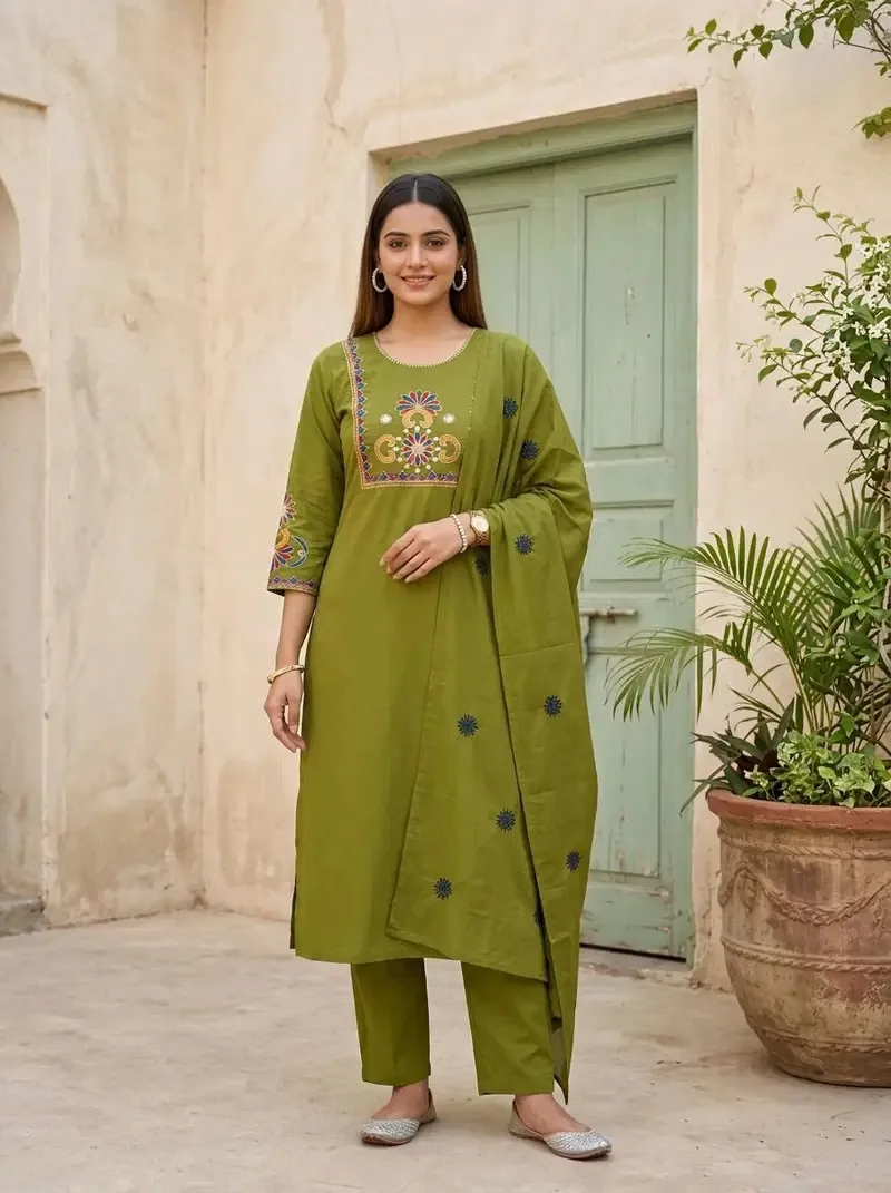 Naisha K 814 Cotton Embroidery Worked Kurti With Bottom Dupatta Set