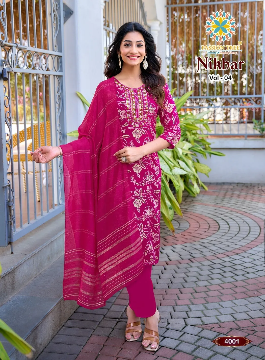 Nikhaar Vol 4 Passion Tree Rayon Foil Printed Kurti With Bottom Dupatta Set — Wholesale Cotton Kurti Pant Set, Nikhaar wholesale from Surat — view 1