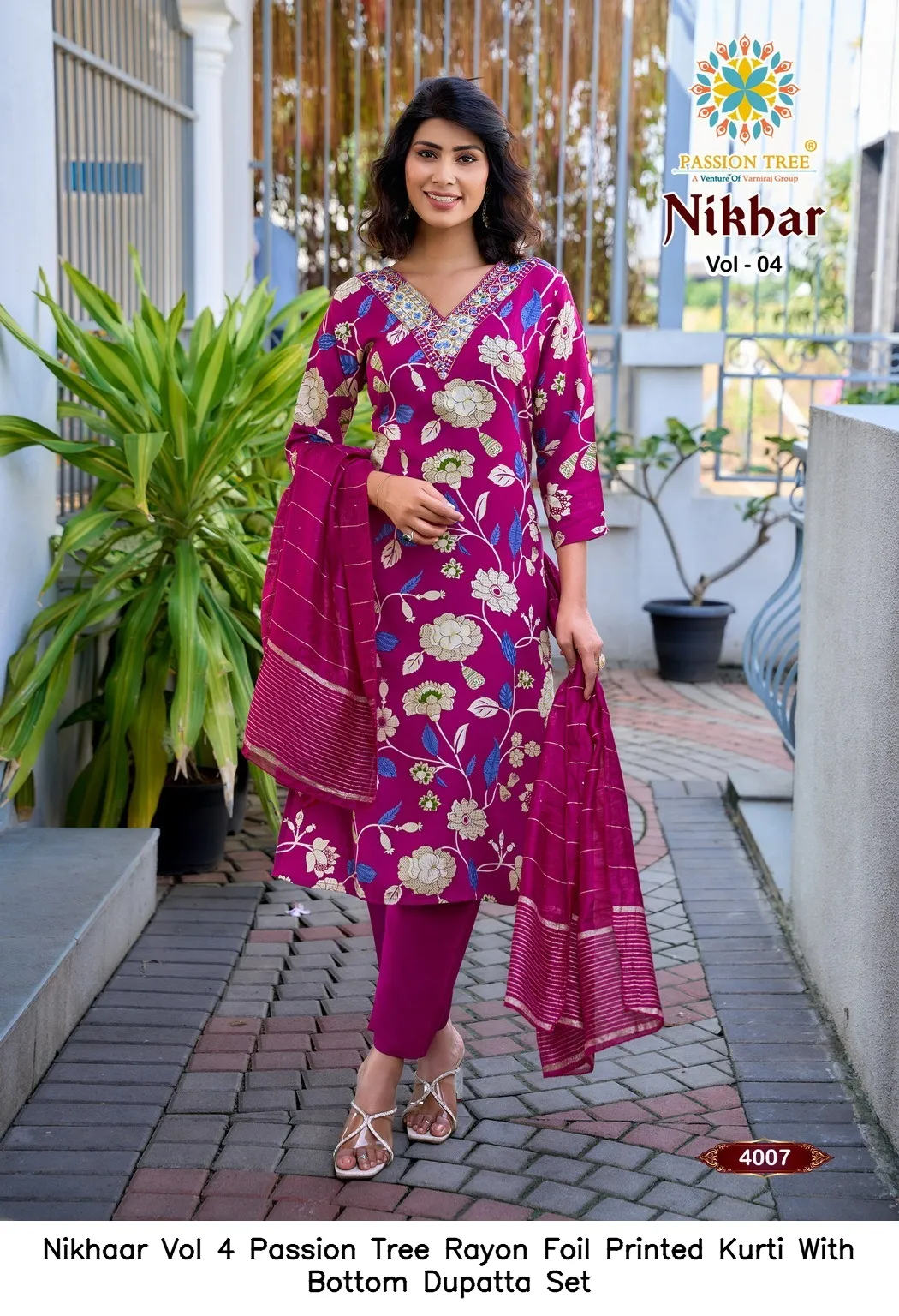 Nikhaar Vol 4 Passion Tree Rayon Foil Printed Kurti With Bottom Dupatta Set — Wholesale Cotton Kurti Pant Set, Nikhaar wholesale from Surat — view 10