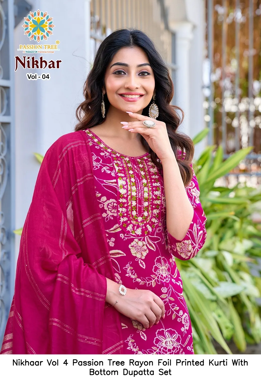 Nikhaar Vol 4 Passion Tree Rayon Foil Printed Kurti With Bottom Dupatta Set — Wholesale Cotton Kurti Pant Set, Nikhaar wholesale from Surat - Gallery Image 2