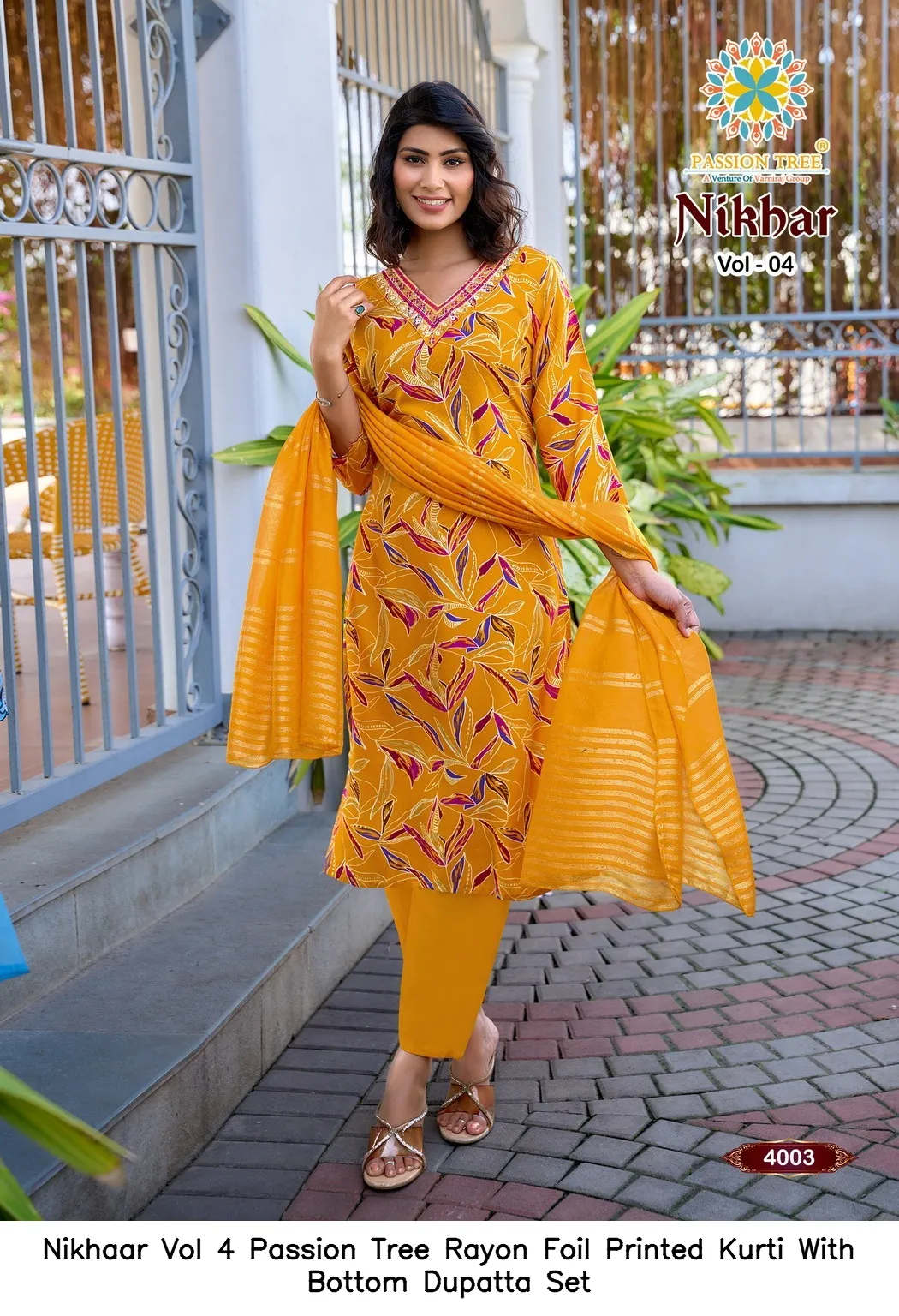 Nikhaar Vol 4 Passion Tree Rayon Foil Printed Kurti With Bottom Dupatta Set — Wholesale Cotton Kurti Pant Set, Nikhaar wholesale from Surat - Gallery Image 3
