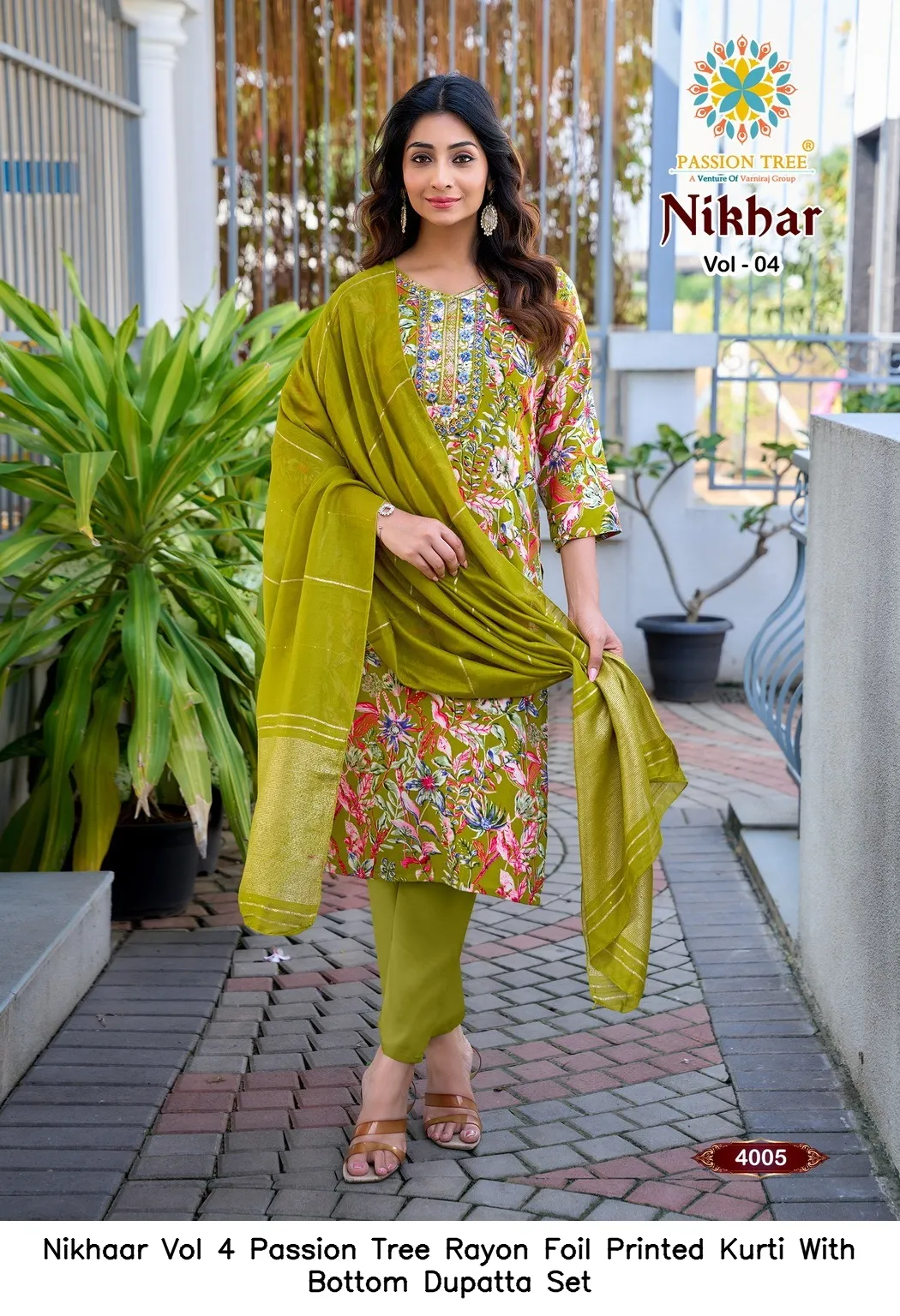 Nikhaar Vol 4 Passion Tree Rayon Foil Printed Kurti With Bottom Dupatta Set — Wholesale Cotton Kurti Pant Set, Nikhaar wholesale from Surat - Gallery Image 4