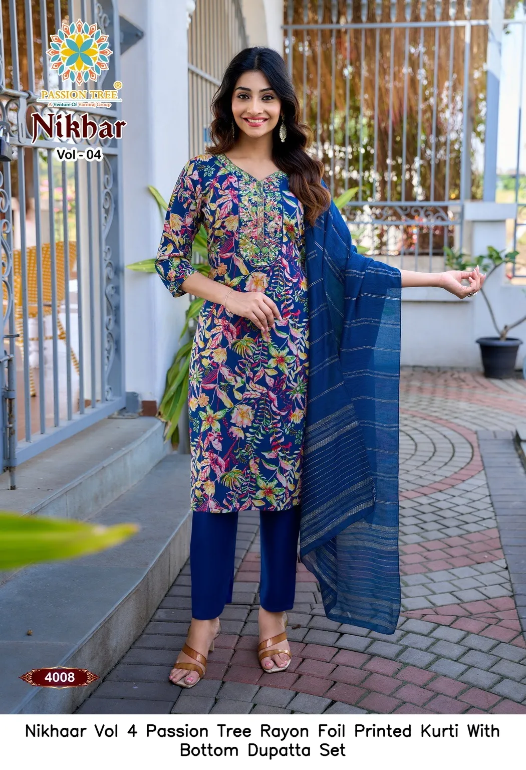 Nikhaar Vol 4 Passion Tree Rayon Foil Printed Kurti With Bottom Dupatta Set — Wholesale Cotton Kurti Pant Set, Nikhaar wholesale from Surat - Gallery Image 5