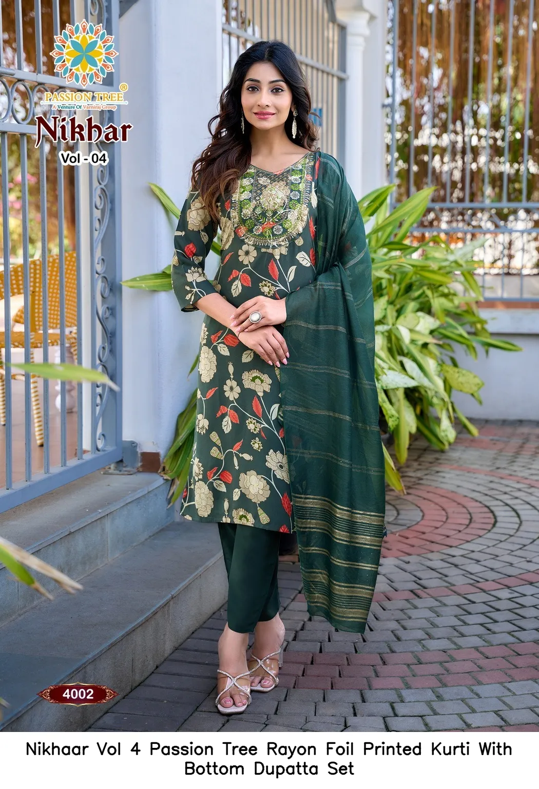 Nikhaar Vol 4 Passion Tree Rayon Foil Printed Kurti With Bottom Dupatta Set — Wholesale Cotton Kurti Pant Set, Nikhaar wholesale from Surat - Gallery Image 6