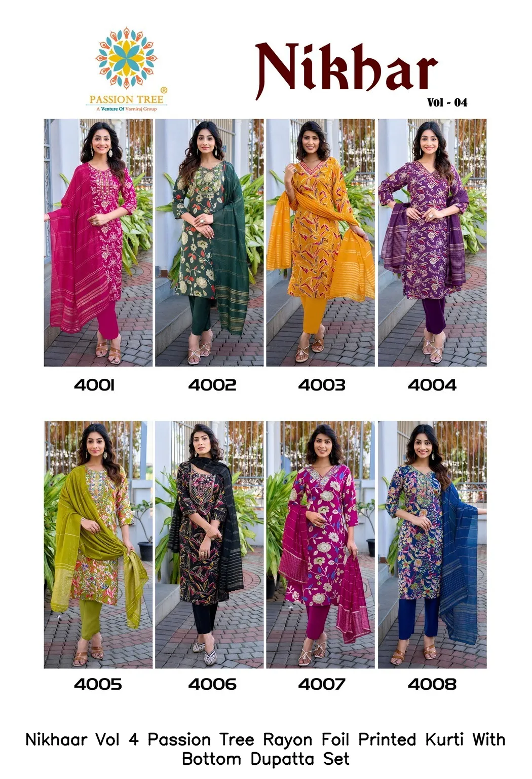 Nikhaar Vol 4 Passion Tree Rayon Foil Printed Kurti With Bottom Dupatta Set — Wholesale Cotton Kurti Pant Set, Nikhaar wholesale from Surat - Gallery Image 7