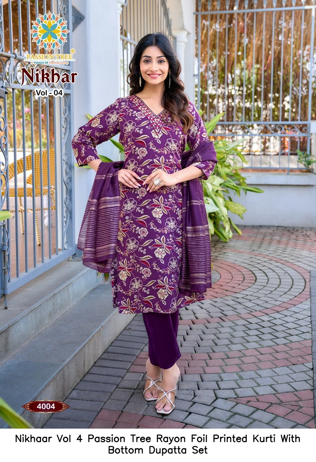 Nikhaar Vol 4 Passion Tree Rayon Foil Printed Kurti With Bottom Dupatta Set — Wholesale Cotton Kurti Pant Set, Nikhaar wholesale from Surat - Gallery Image 8