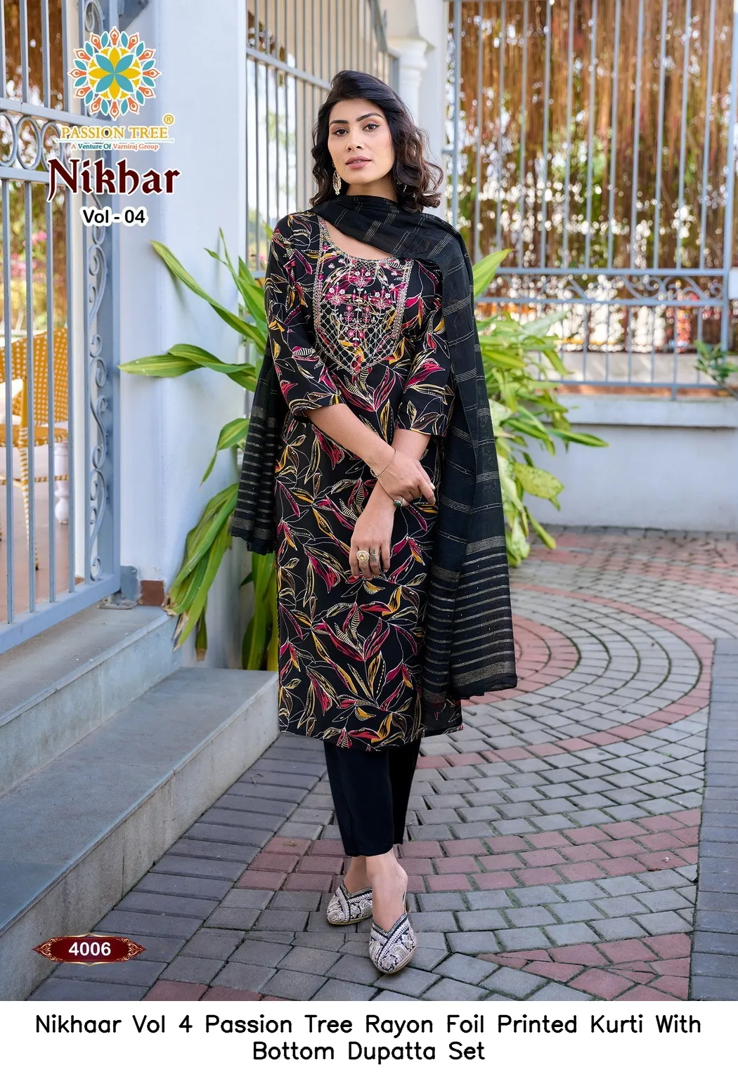 Nikhaar Vol 4 Passion Tree Rayon Foil Printed Kurti With Bottom Dupatta Set — Wholesale Cotton Kurti Pant Set, Nikhaar wholesale from Surat - Gallery Image 9