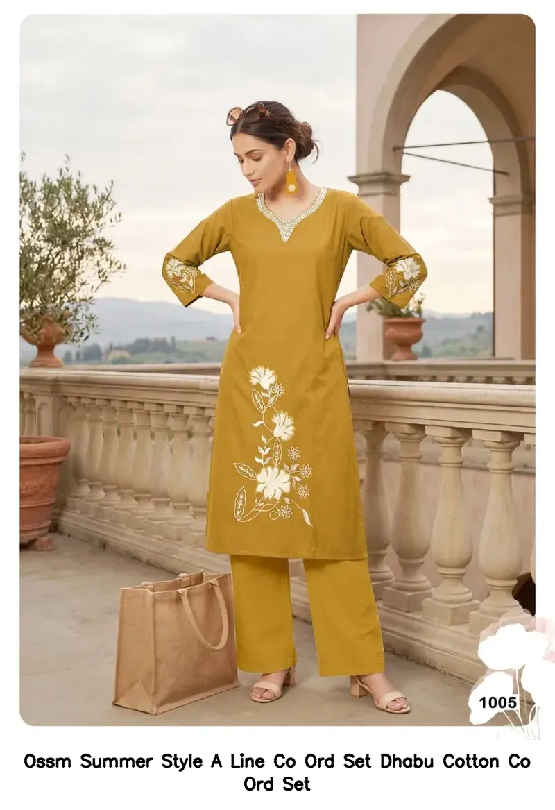 Ossm Summer Style A Line Co Ord Set Dhabu Cotton Co Ord Set — Wholesale Cotton Kurti Pant Set, Ossm wholesale from Surat — view 4