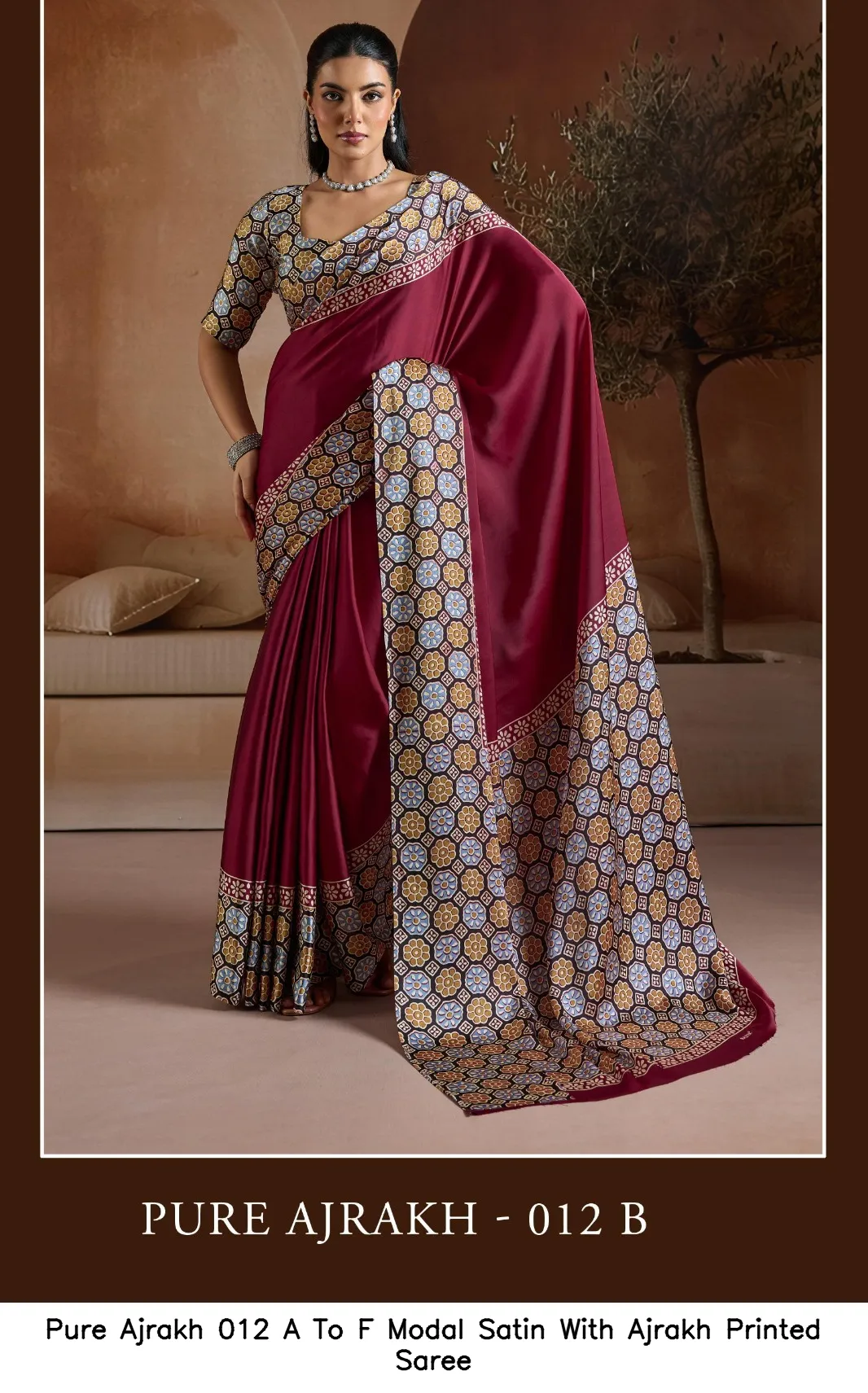 Pure Ajrakh 012 A To F Modal Satin With Ajrakh Printed Saree — Wholesale Sarees, Vardan Ethnic wholesale from Surat — view 7