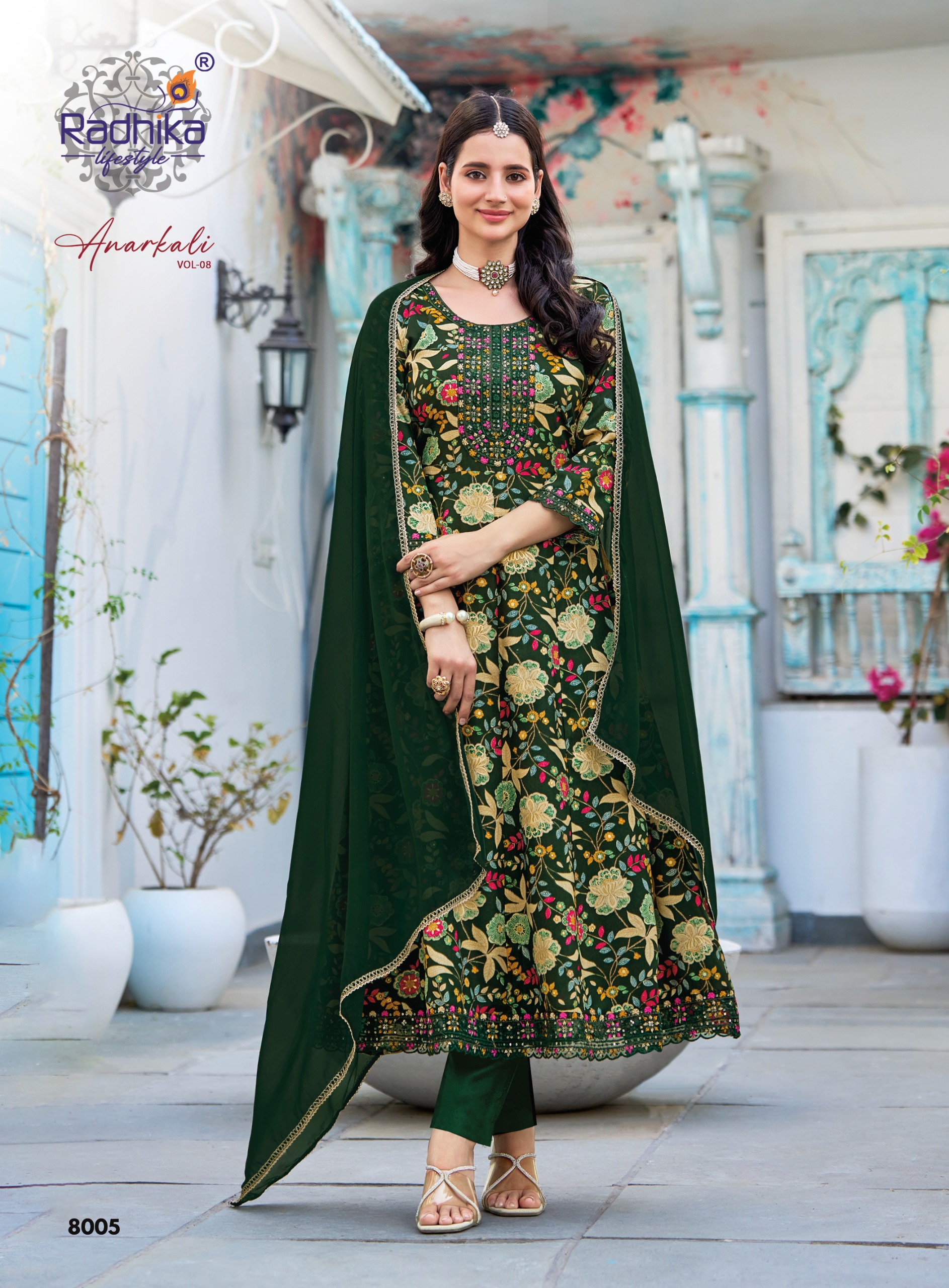Radhika Anarkali Vol 8 Rayon With Foil Printed Kurti With Bottom Dupatta Set — Wholesale Cotton Kurti Pant Set, Radhika wholesale from Surat — view 7