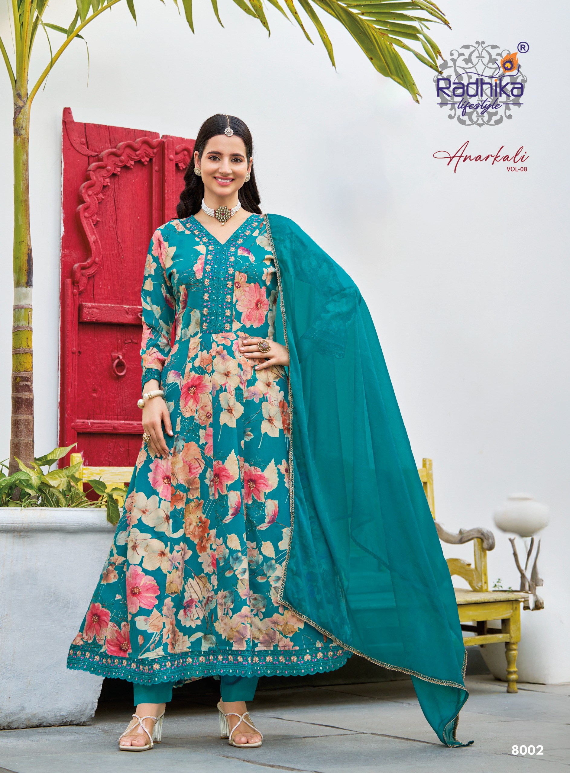 Radhika Anarkali Vol 8 Rayon With Foil Printed Kurti With Bottom Dupatta Set — Wholesale Cotton Kurti Pant Set, Radhika wholesale from Surat — view 6
