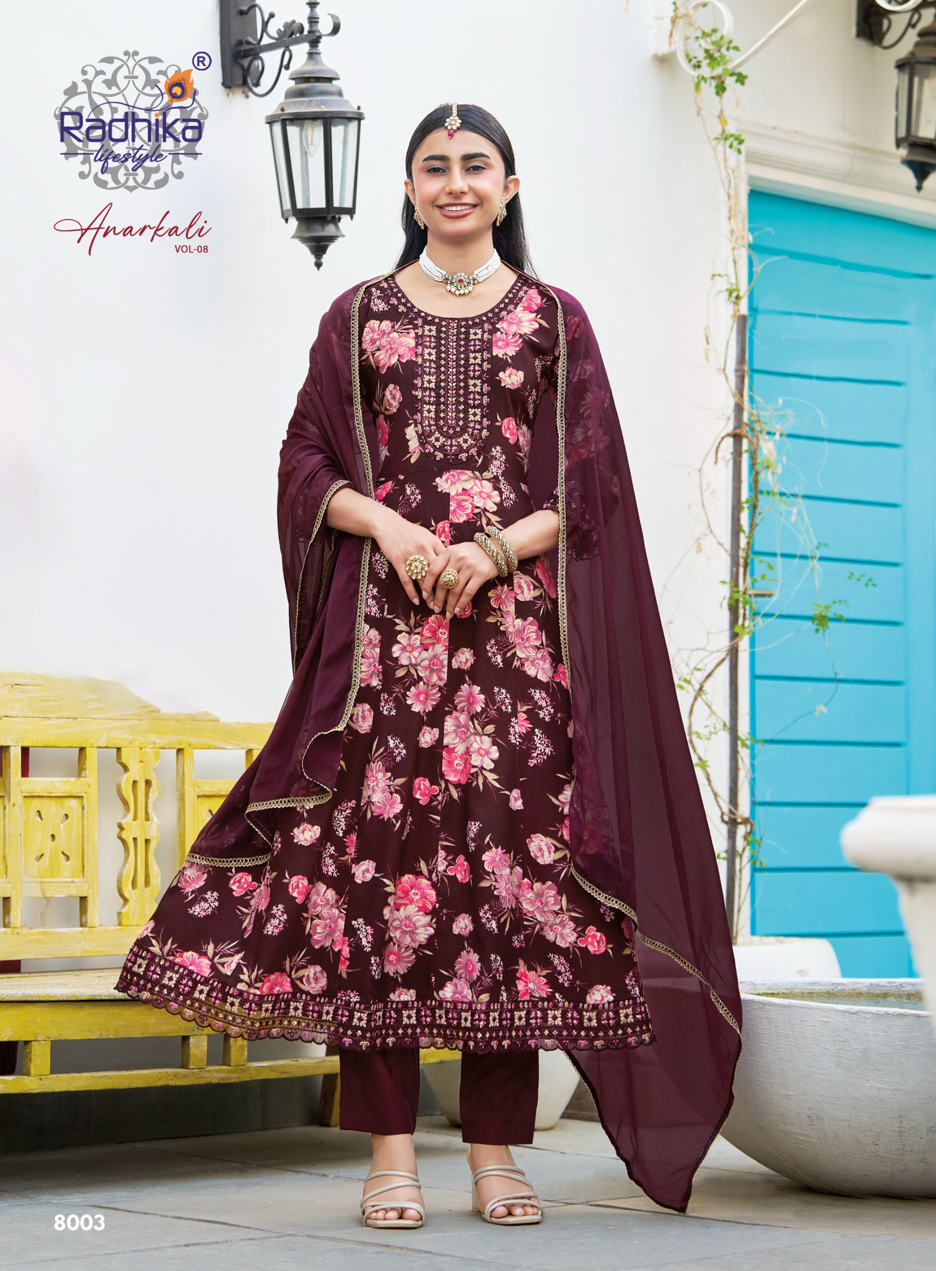 Radhika Anarkali Vol 8 Rayon With Foil Printed Kurti With Bottom Dupatta Set — Wholesale Cotton Kurti Pant Set, Radhika wholesale from Surat — view 4