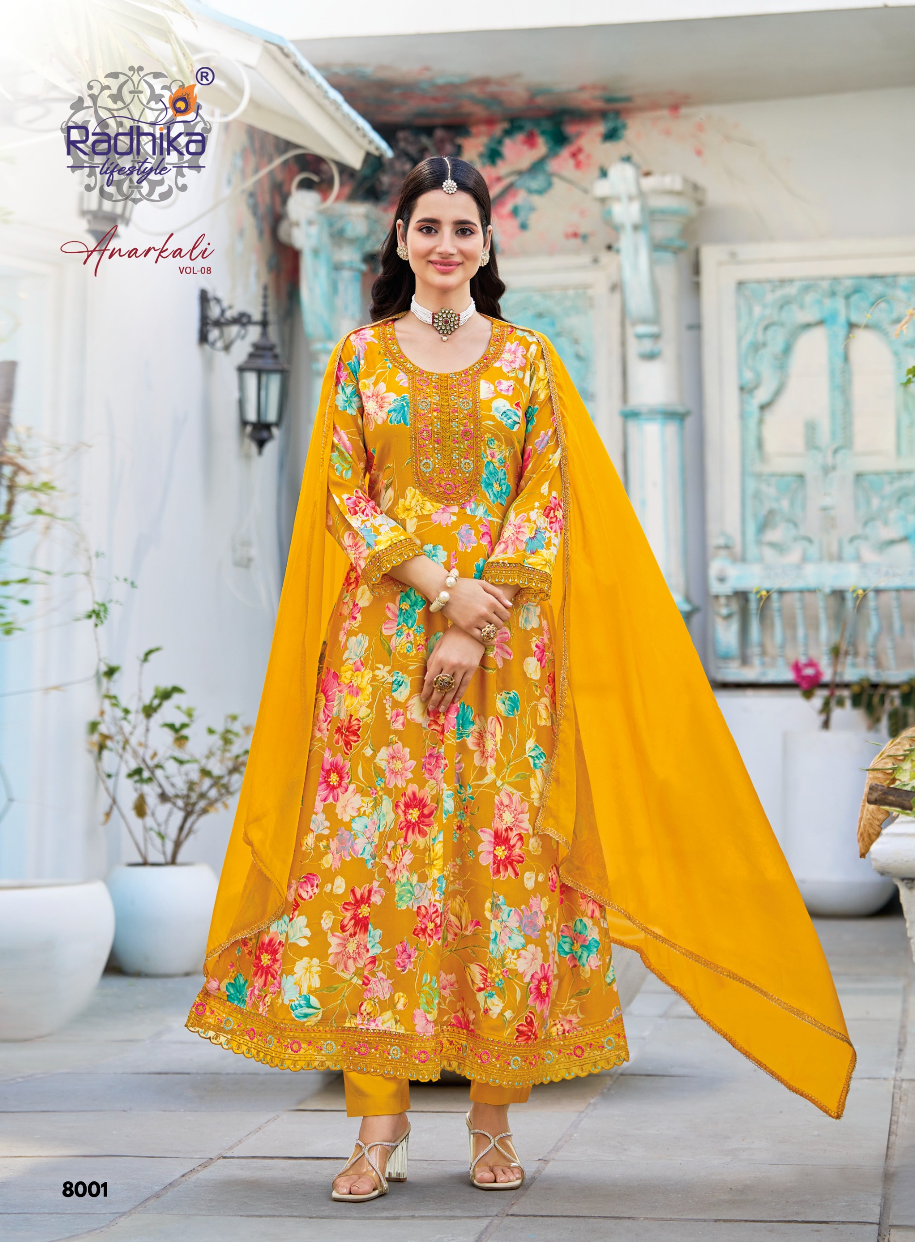 Radhika Anarkali Vol 8 Rayon With Foil Printed Kurti With Bottom Dupatta Set — Wholesale Cotton Kurti Pant Set, Radhika wholesale from Surat — view 9