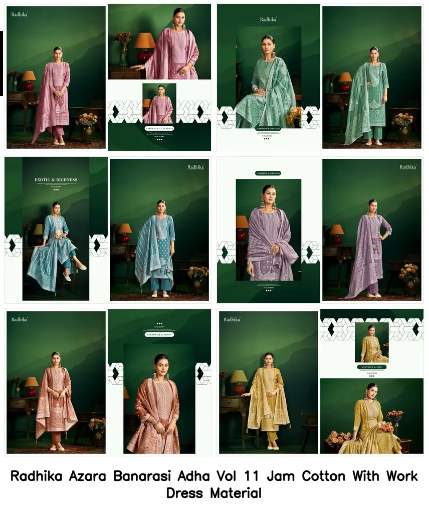 Radhika Azara Banarasi Adha Vol 11 Jam Cotton With Work Dress Material — Wholesale Salwar Suits, Radhika wholesale from Surat — view 5