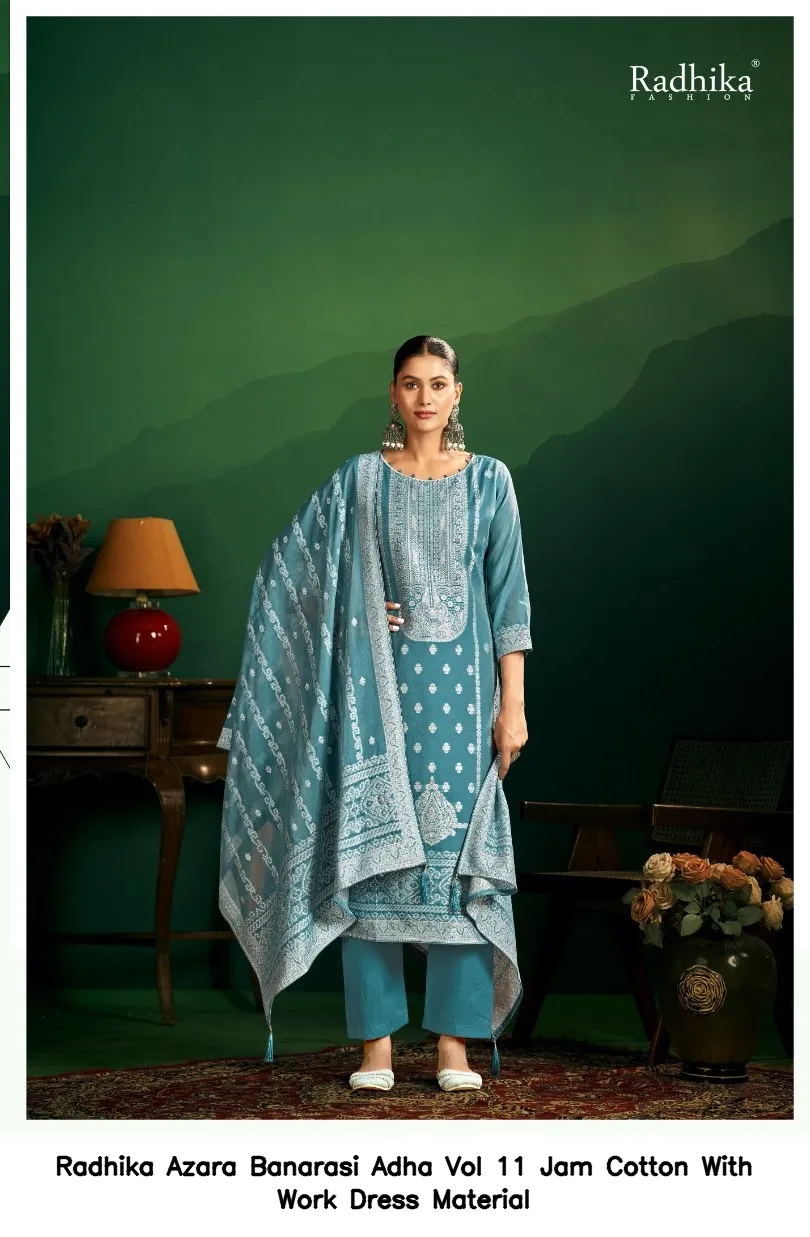Radhika Azara Banarasi Adha Vol 11 Jam Cotton With Work Dress Material — Wholesale Salwar Suits, Radhika wholesale from Surat — view 7