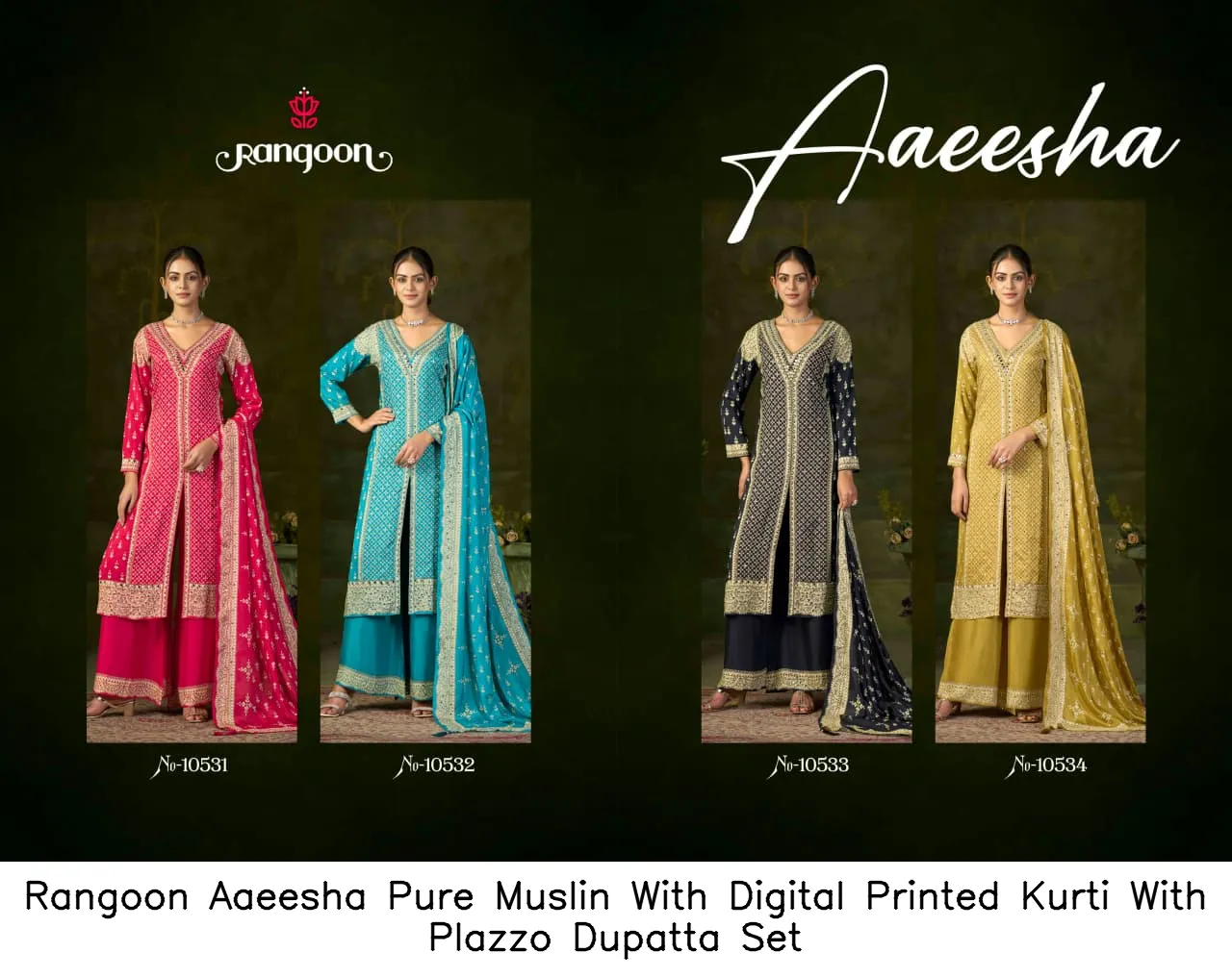 Rangoon Aaeesha Pure Muslin With Digital Printed Kurti With Plazzo Dupatta Set — Wholesale Festival Salwar Suits, Rangoon wholesale from Surat - Gallery Image 2