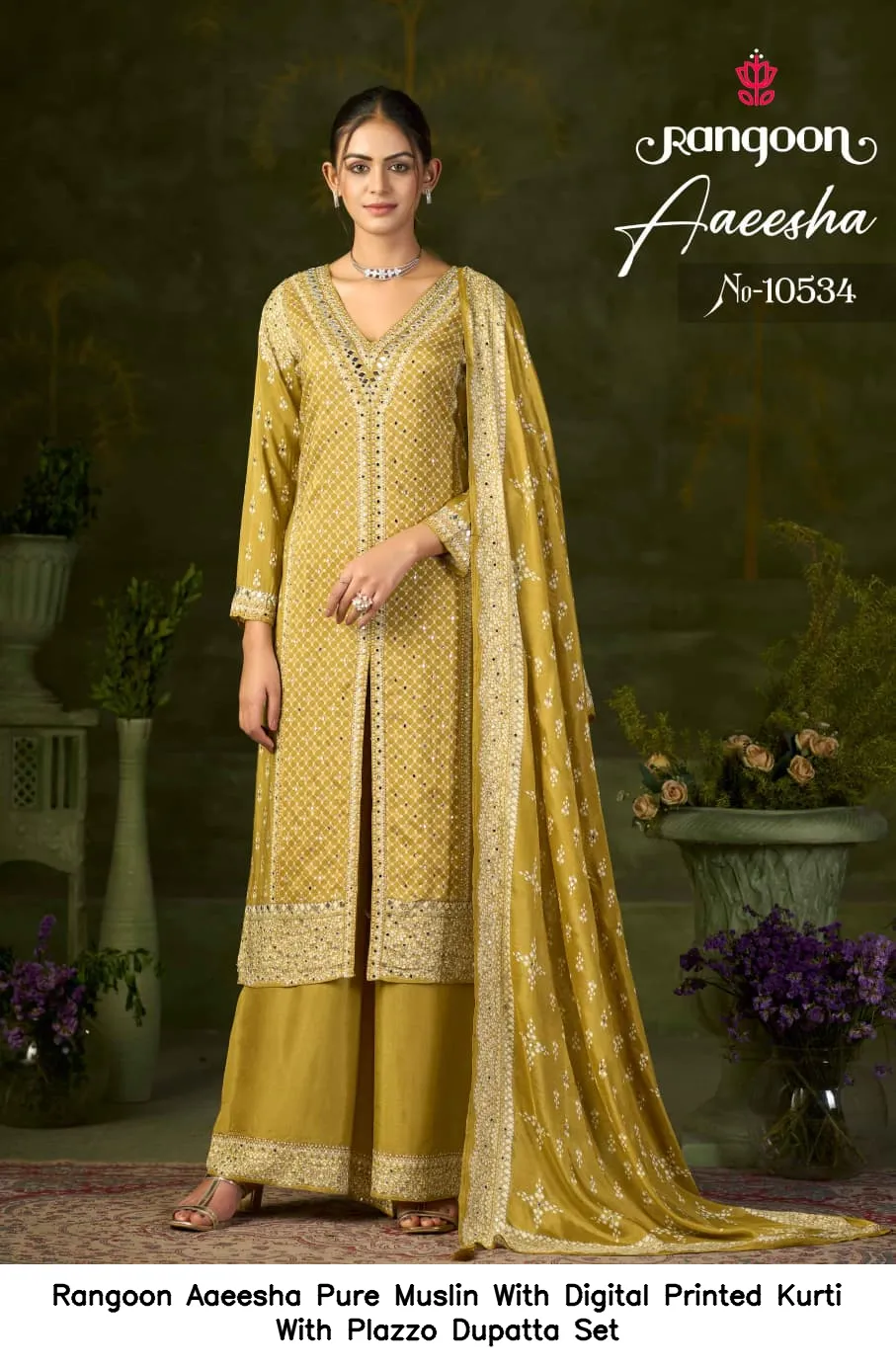 Rangoon Aaeesha Pure Muslin With Digital Printed Kurti With Plazzo Dupatta Set — Wholesale Festival Salwar Suits, Rangoon wholesale from Surat - Gallery Image 3