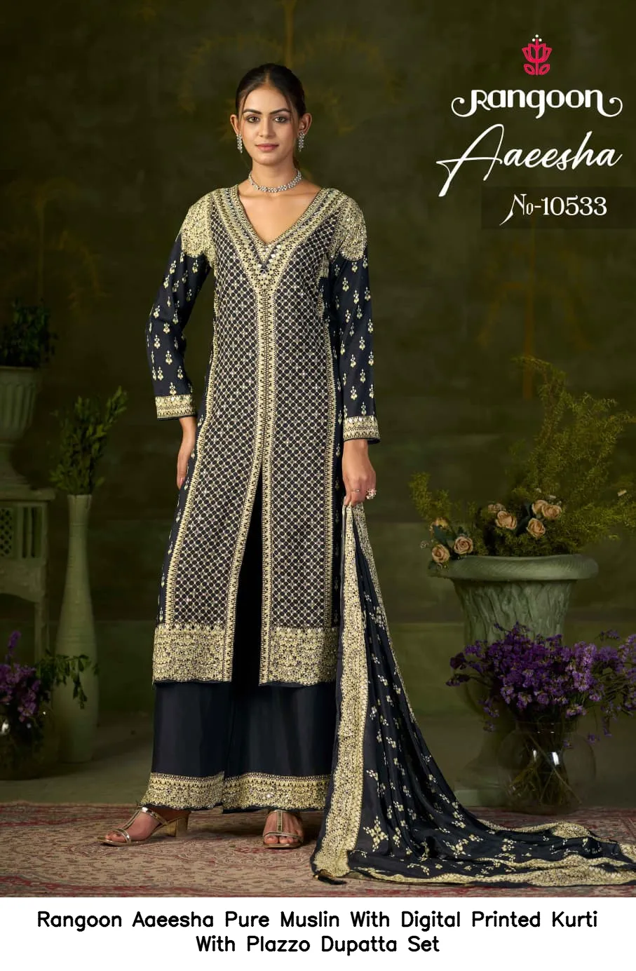 Rangoon Aaeesha Pure Muslin With Digital Printed Kurti With Plazzo Dupatta Set — Wholesale Festival Salwar Suits, Rangoon wholesale from Surat - Gallery Image 4