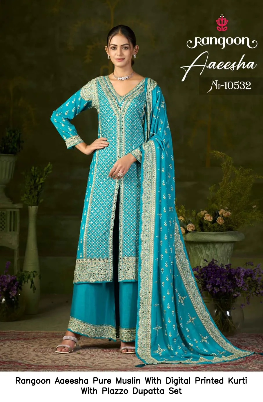 Rangoon Aaeesha Pure Muslin With Digital Printed Kurti With Plazzo Dupatta Set — Wholesale Festival Salwar Suits, Rangoon wholesale from Surat — view 5