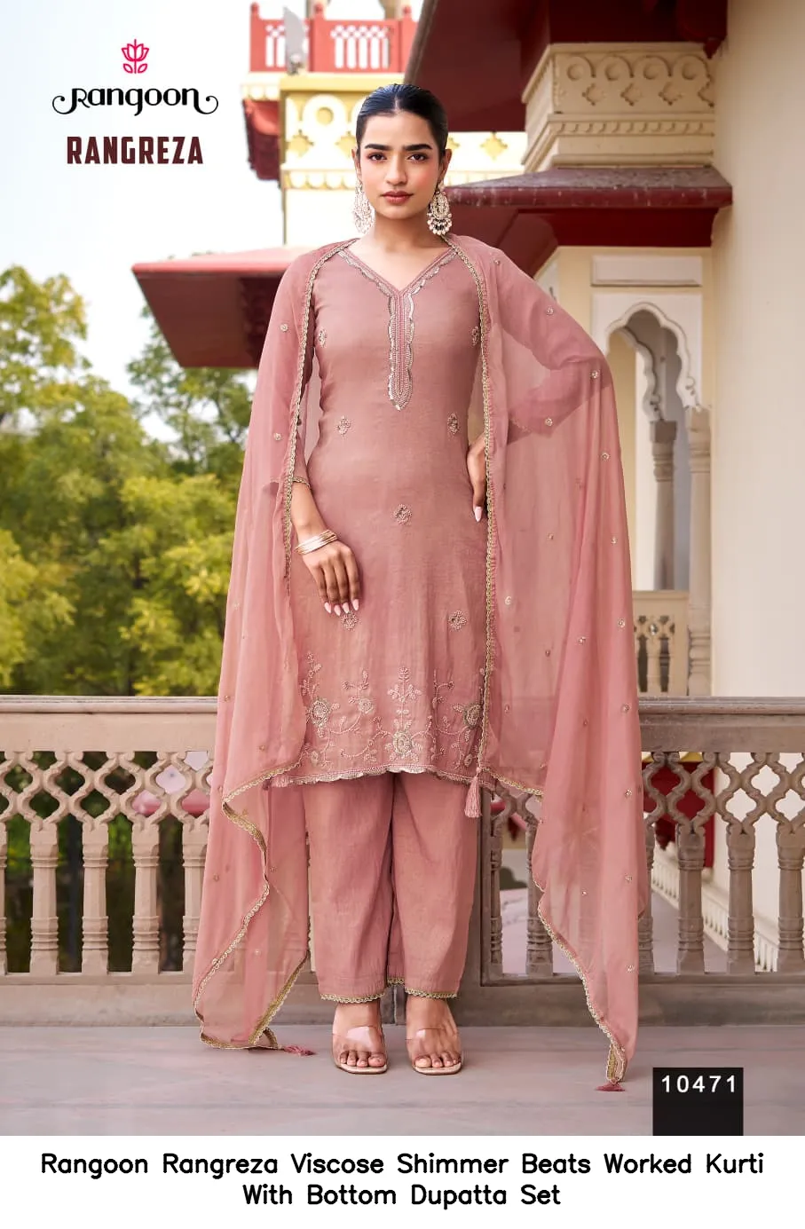 Rangoon Rangreza Viscose Shimmer Beats Worked Kurti With Bottom Dupatta Set — Wholesale Readymade Suit, Rangoon wholesale from Surat - Gallery Image 2