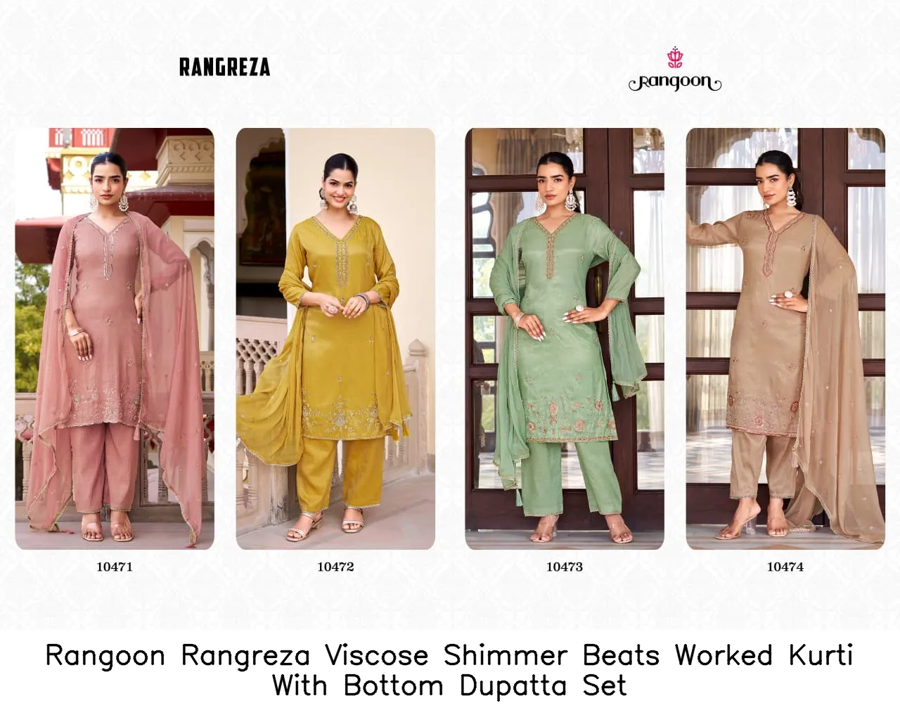 Rangoon Rangreza Viscose Shimmer Beats Worked Kurti With Bottom Dupatta Set — Wholesale Readymade Suit, Rangoon wholesale from Surat - Gallery Image 3