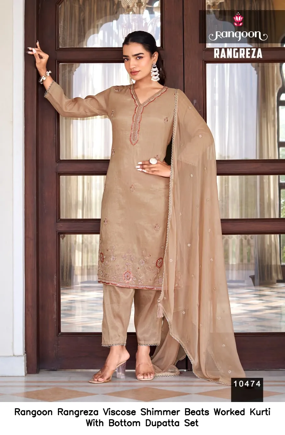 Rangoon Rangreza Viscose Shimmer Beats Worked Kurti With Bottom Dupatta Set — Wholesale Readymade Suit, Rangoon wholesale from Surat - Gallery Image 4