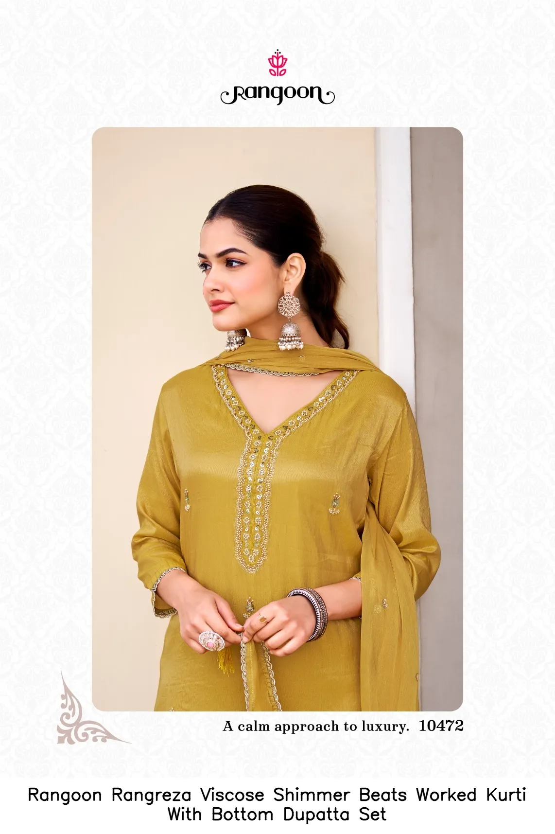 Rangoon Rangreza Viscose Shimmer Beats Worked Kurti With Bottom Dupatta Set — Wholesale Readymade Suit, Rangoon wholesale from Surat - Gallery Image 5